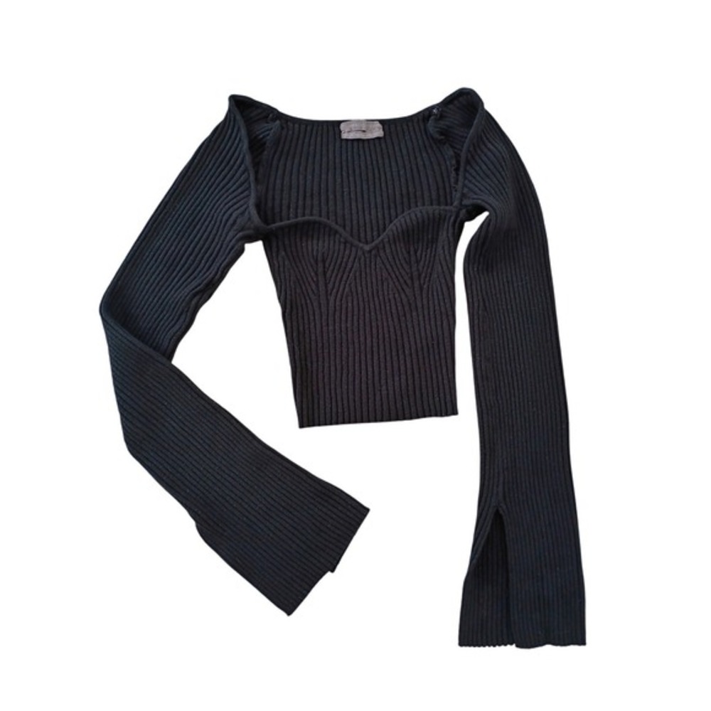 Urban Outfitters Black Ribbed Square Neck‎ Long Sleeve Cropped Top XS